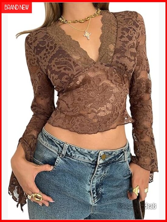 Tops - Floral Lace Bell Sleeve V-Neck Scallop Mesh Crop Top T Shirt